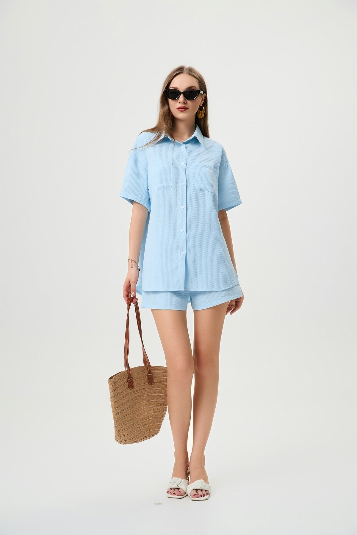 Casual Two-Piece Set For Women - Waffle Textured Fabric Shirt And Shorts With Side Slits, Versatile Ice Blue Summer Outfit - Steellady