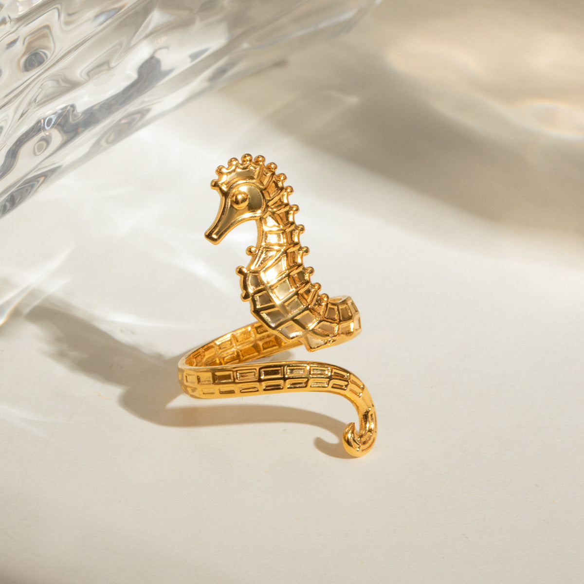 Ocean 18K Gold Stainless Steel Seahorse Opening Ring - Steellady