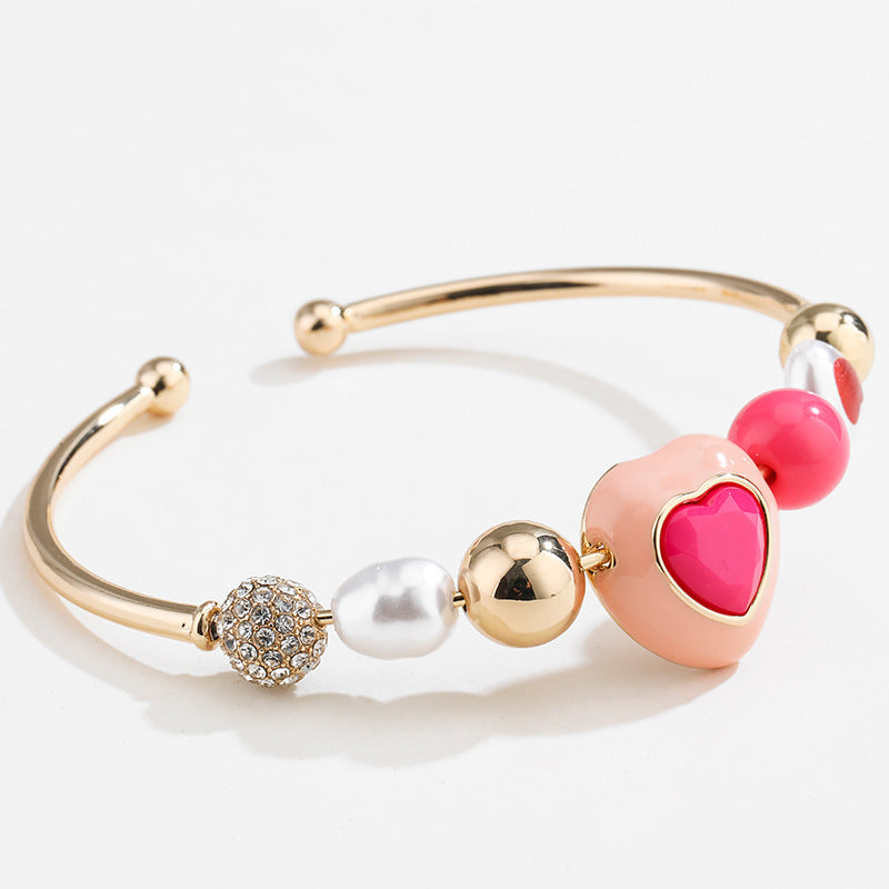 Fashion Original Design Heart Peach Pearl Combination Bracelet Suit - Steellady