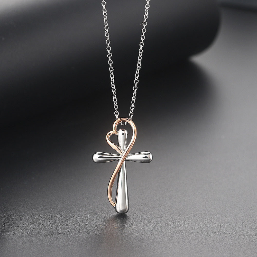 Heart-shaped Cross Necklace Simple Color Separation Electroplating - Steellady