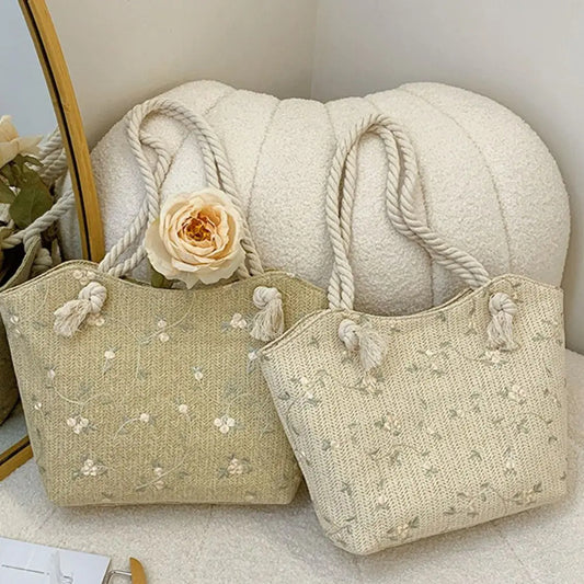 New And Simple Straw Bag Lace Bag Ins Straw Shoulder Bag Large Capacity Flower Fashion Women Handbag - Steellady