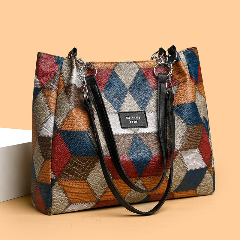 Retro Geometric Pattern Color-matching Shoulder Bag Fashion Large Capacity Stitching Handbag For Women Totes - Steellady