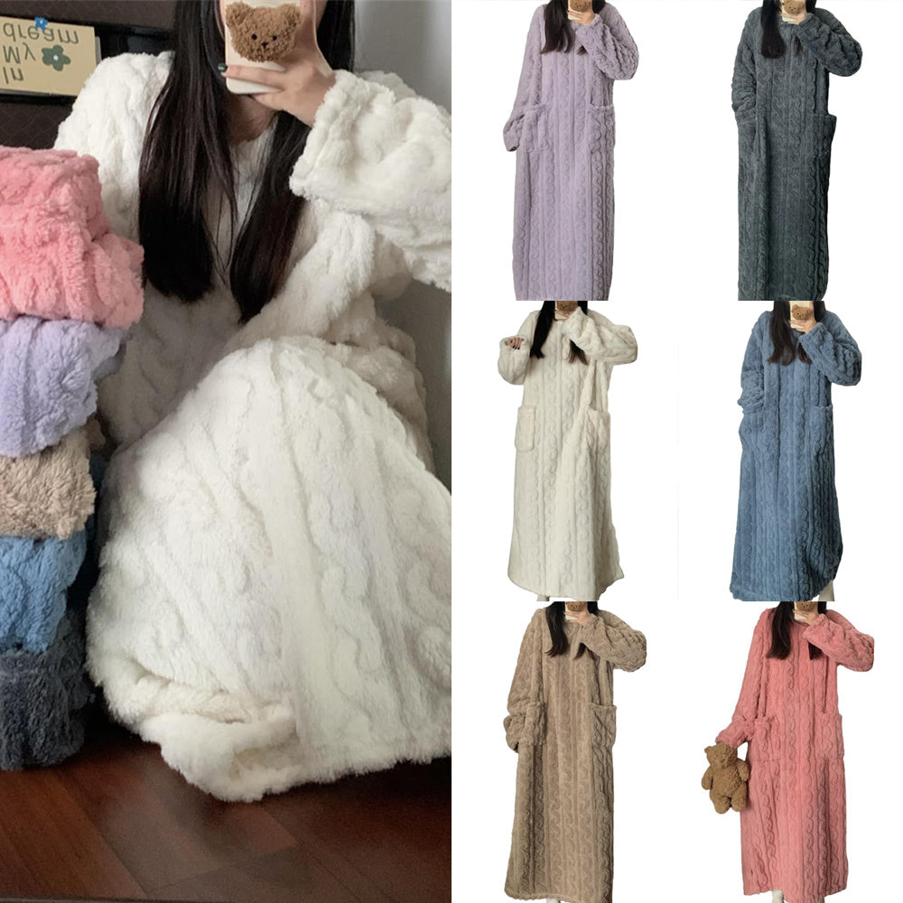 Winter Coral Fleece Sleepwear Women's Nightgown Long Night Dress Pajamas With Pockets Thickened Jacquard Dress Warm Home Clothes - Steellady