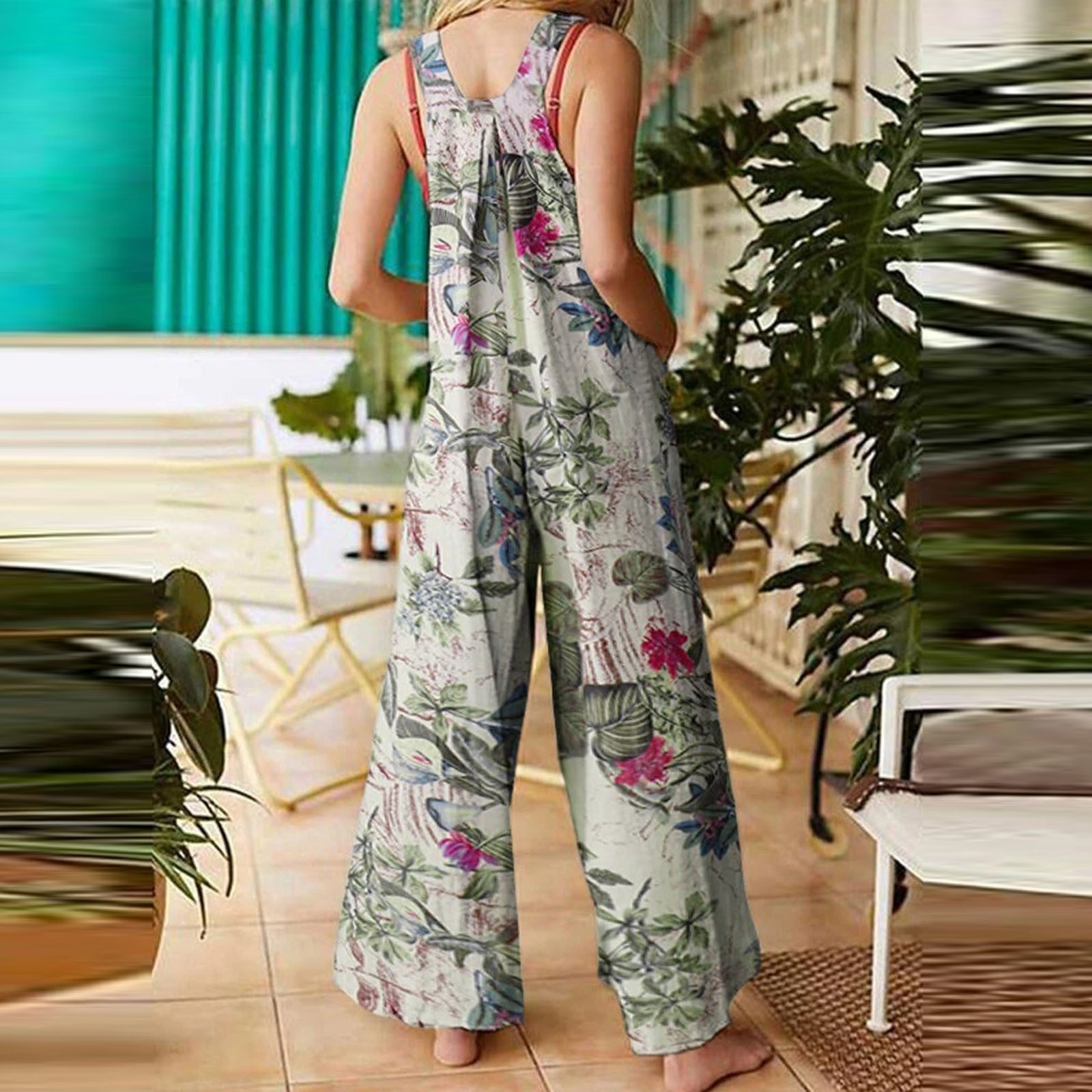 Patchwork Printed Button Suspender Jumpsuit - Steellady