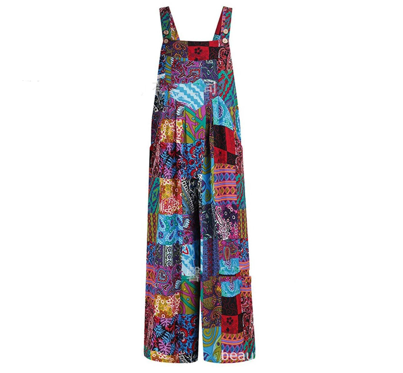 Patchwork Printed Button Suspender Jumpsuit - Steellady