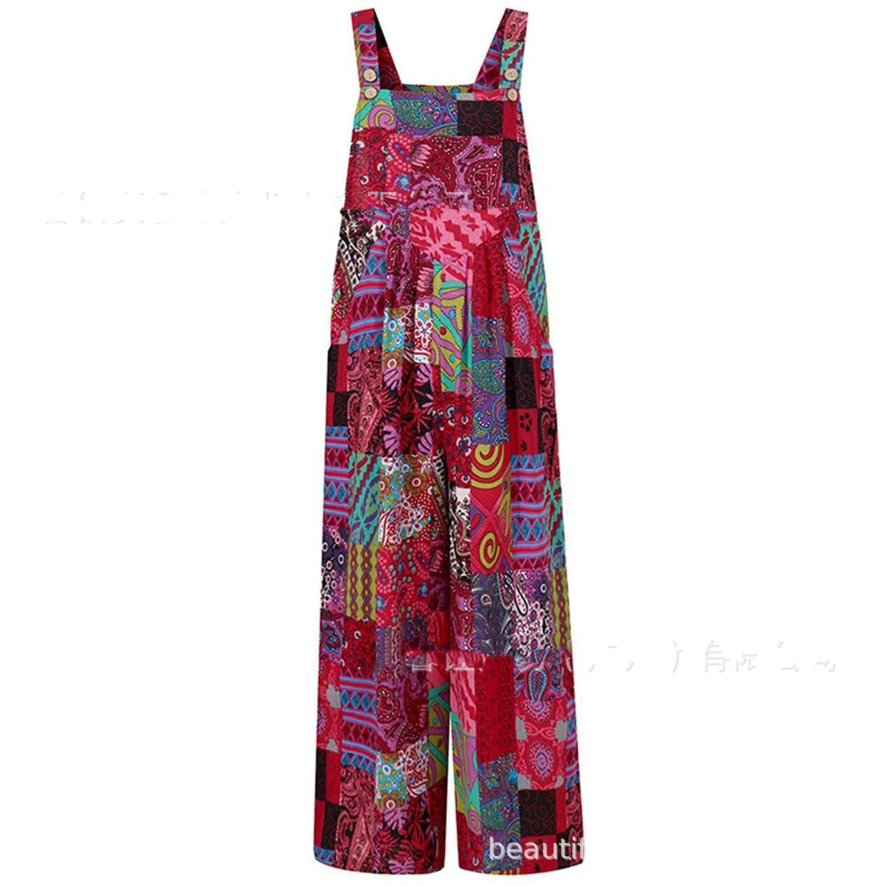 Patchwork Printed Button Suspender Jumpsuit - Steellady