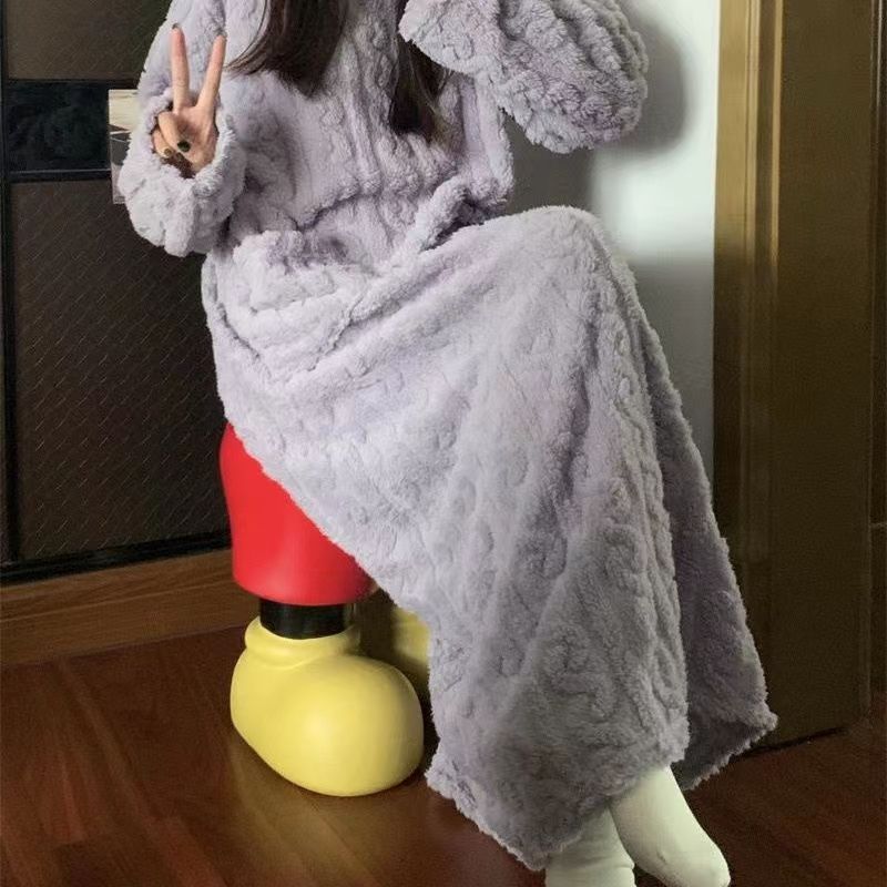 Winter Coral Fleece Sleepwear Women's Nightgown Long Night Dress Pajamas With Pockets Thickened Jacquard Dress Warm Home Clothes - Steellady