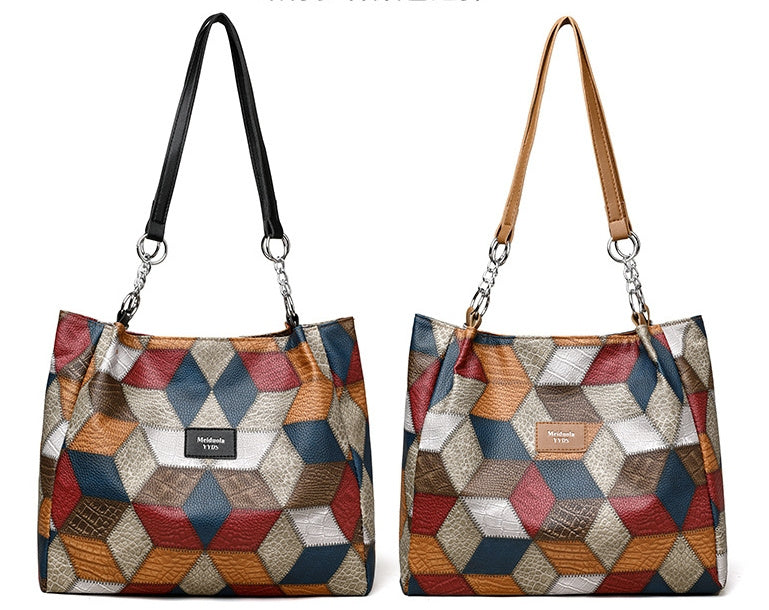 Retro Geometric Pattern Color-matching Shoulder Bag Fashion Large Capacity Stitching Handbag For Women Totes - Steellady