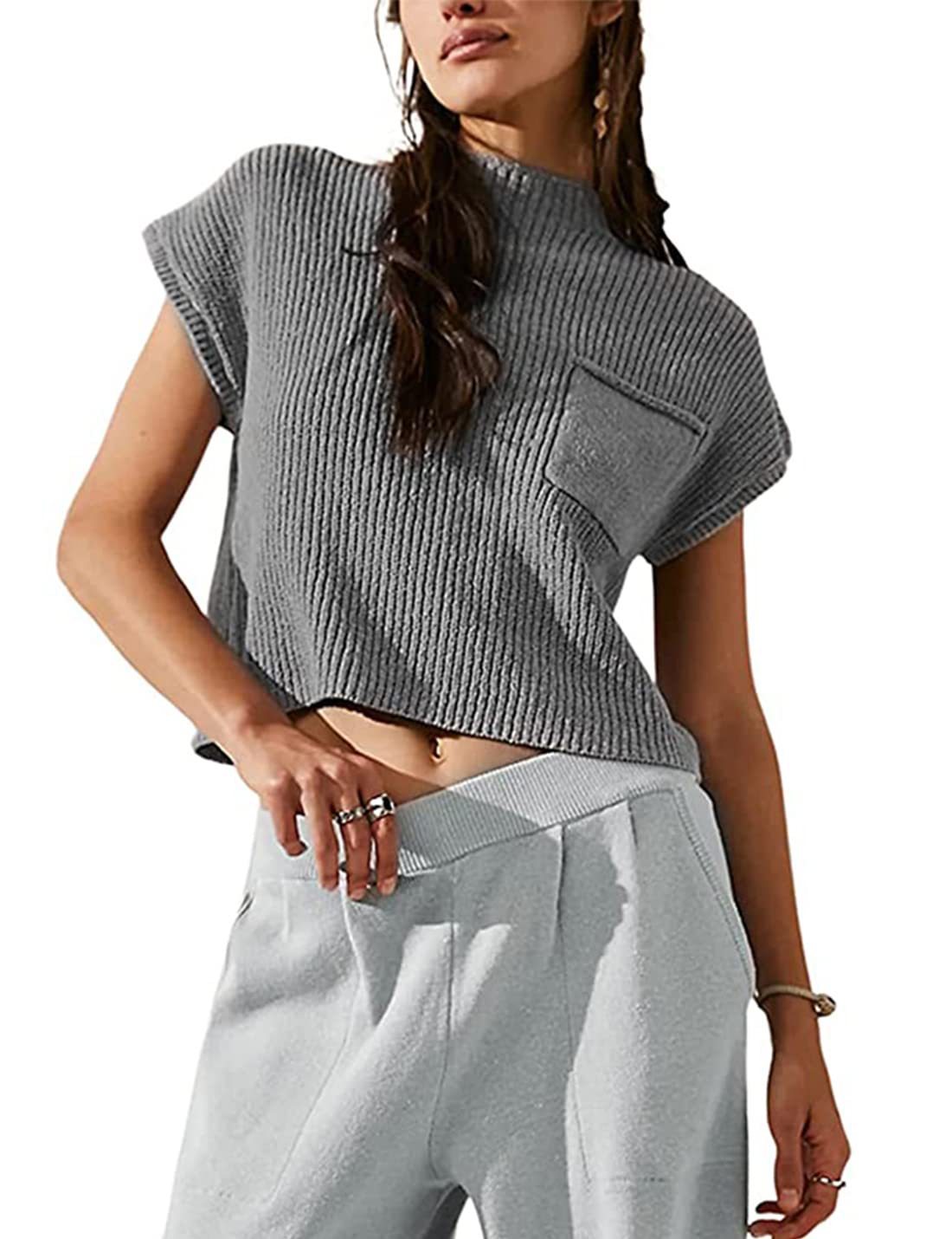 Women's Knitted Sleeveless Pocket Casual Rib Pullover Vest - Steellady