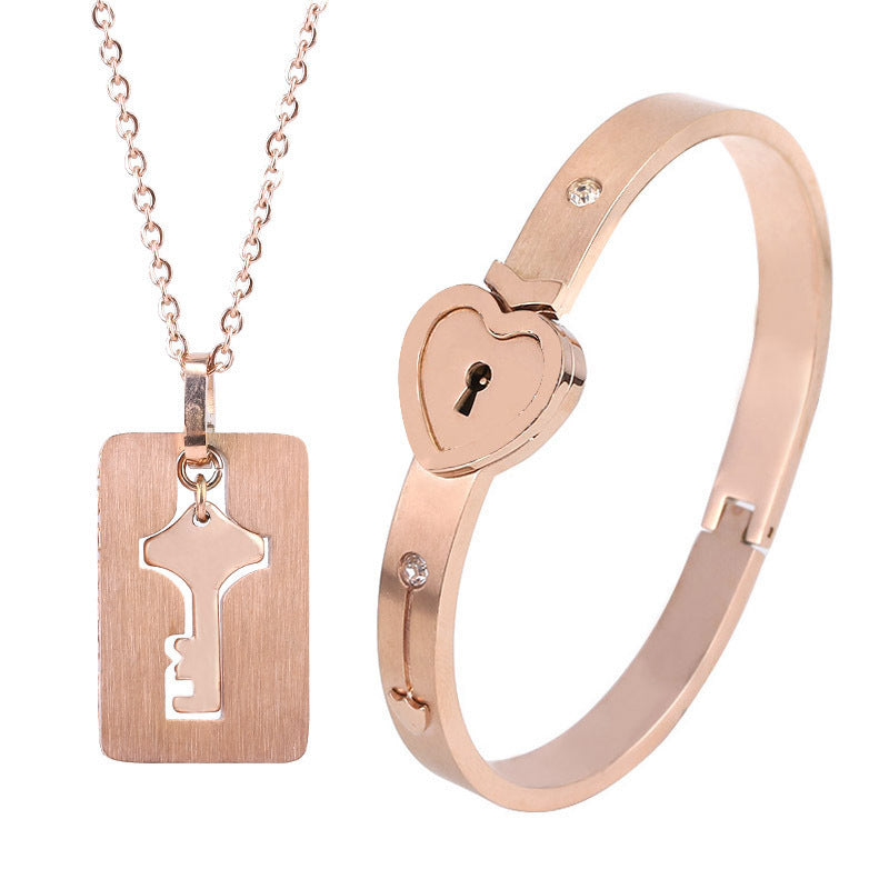 Fashion Jewelry Titanium Steel Couple Love Lock, Bracelet, Key Set, Necklace - Steellady