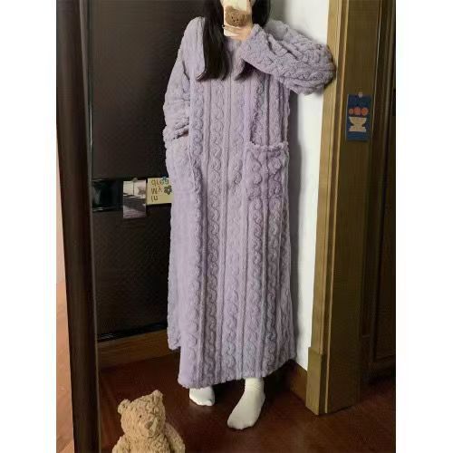 Winter Coral Fleece Sleepwear Women's Nightgown Long Night Dress Pajamas With Pockets Thickened Jacquard Dress Warm Home Clothes - Steellady