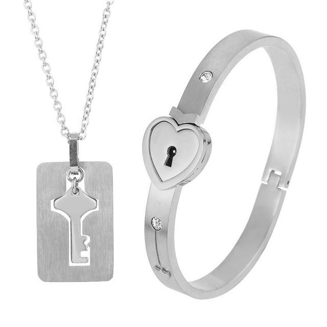 Fashion Jewelry Titanium Steel Couple Love Lock, Bracelet, Key Set, Necklace - Steellady