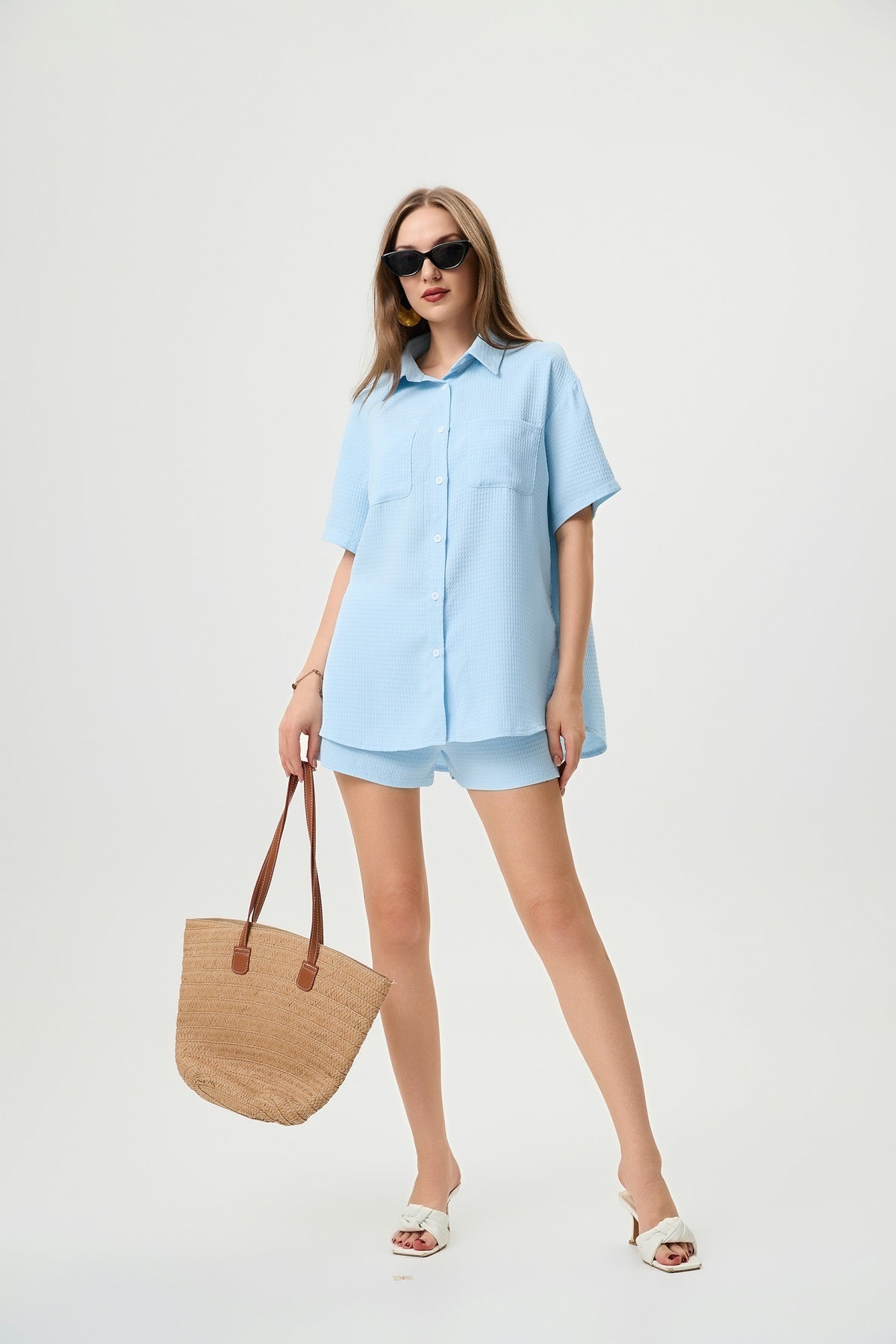 Casual Two-Piece Set For Women - Waffle Textured Fabric Shirt And Shorts With Side Slits, Versatile Ice Blue Summer Outfit - Steellady