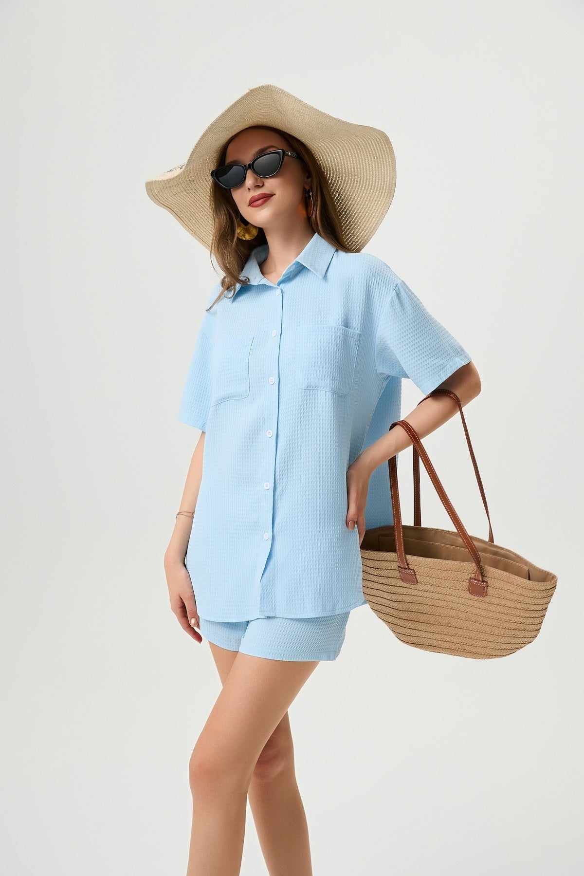 Casual Two-Piece Set For Women - Waffle Textured Fabric Shirt And Shorts With Side Slits, Versatile Ice Blue Summer Outfit - Steellady