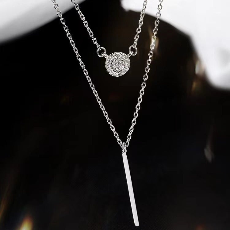 S925 Silver Color Double Chain Long Stick Micro Pave Zircon Round Pendant Necklaces For Women Trendy Jewelry - Steellady