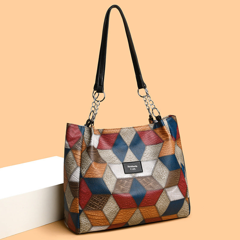 Retro Geometric Pattern Color-matching Shoulder Bag Fashion Large Capacity Stitching Handbag For Women Totes - Steellady