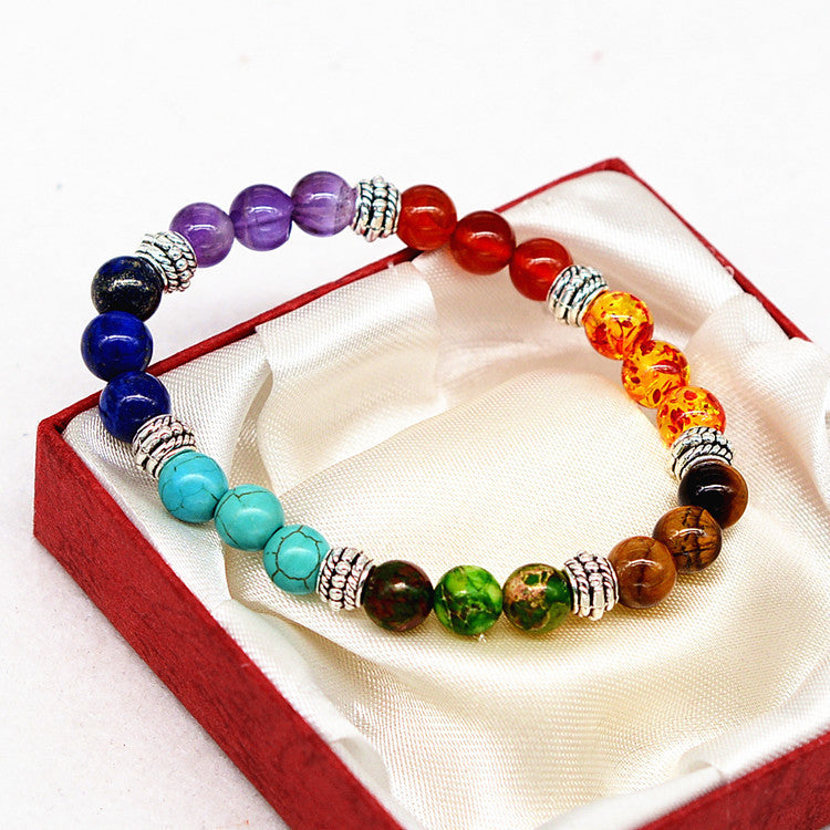 Reiki ancient silver natural stone agate tiger colorful crystal bracelet seven chakra Yoga Bracelet - Steellady