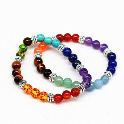 Reiki ancient silver natural stone agate tiger colorful crystal bracelet seven chakra Yoga Bracelet - Steellady