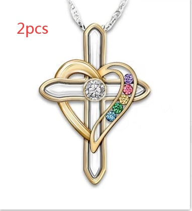 Cross Love Colorful Imitatio Gemstone Pendant Alloy Clavicle Chain - Steellady