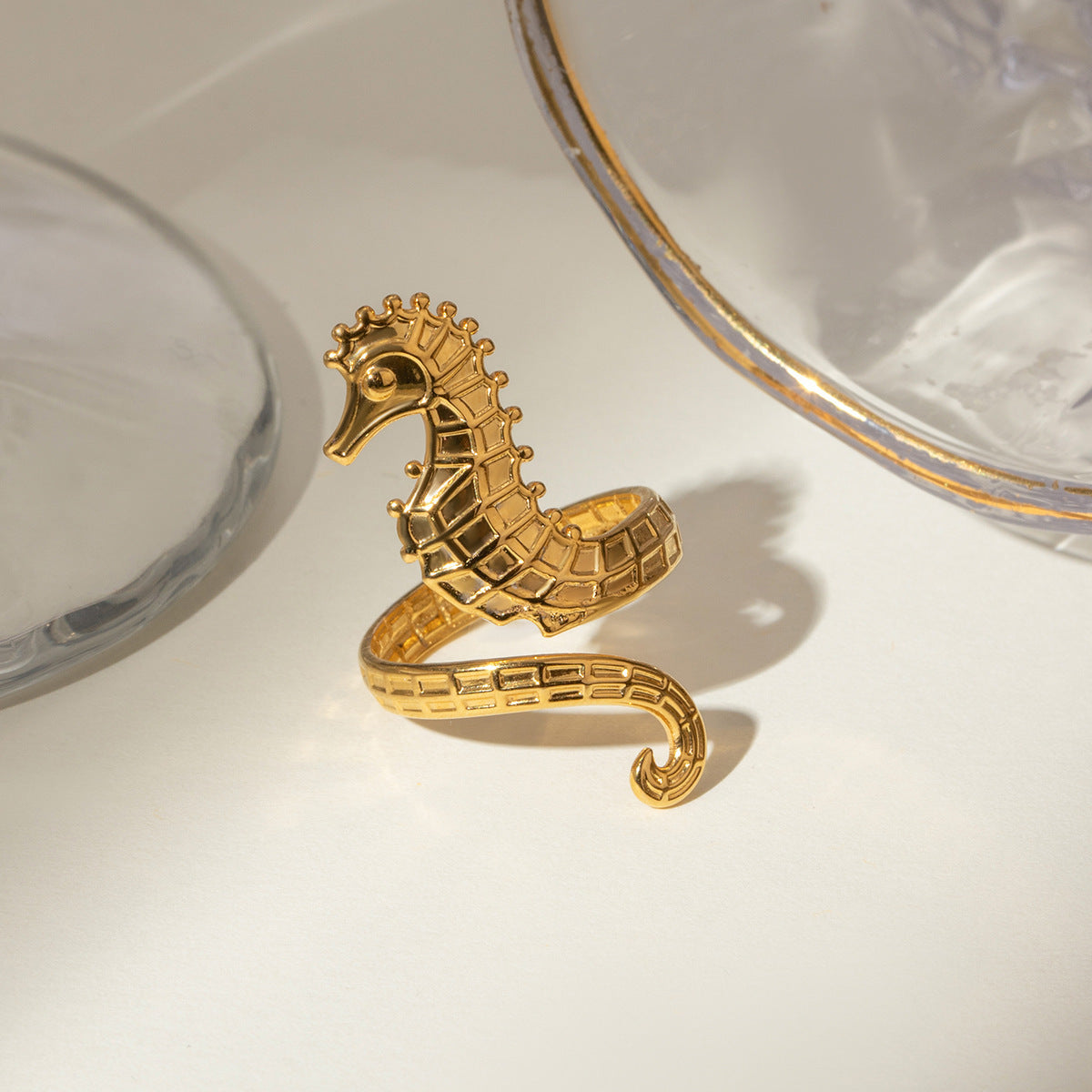 Ocean 18K Gold Stainless Steel Seahorse Opening Ring - Steellady