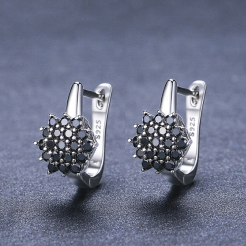 Korean Style Simple Copper Vintage Black Zircon Flower Stud Earrings - Steellady