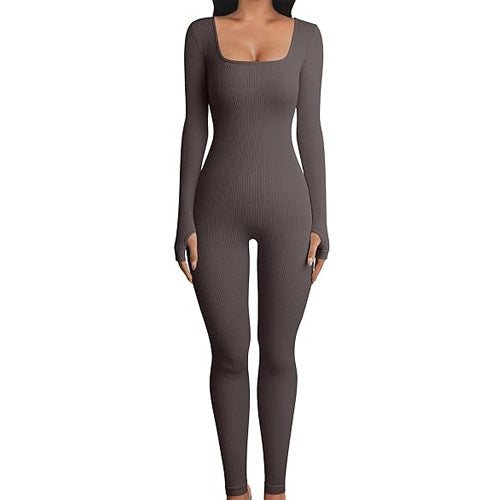 Women's Yoga Sports Fitness Jumpsuit Workout Long Sleeve Square Collar Clothing - Steellady