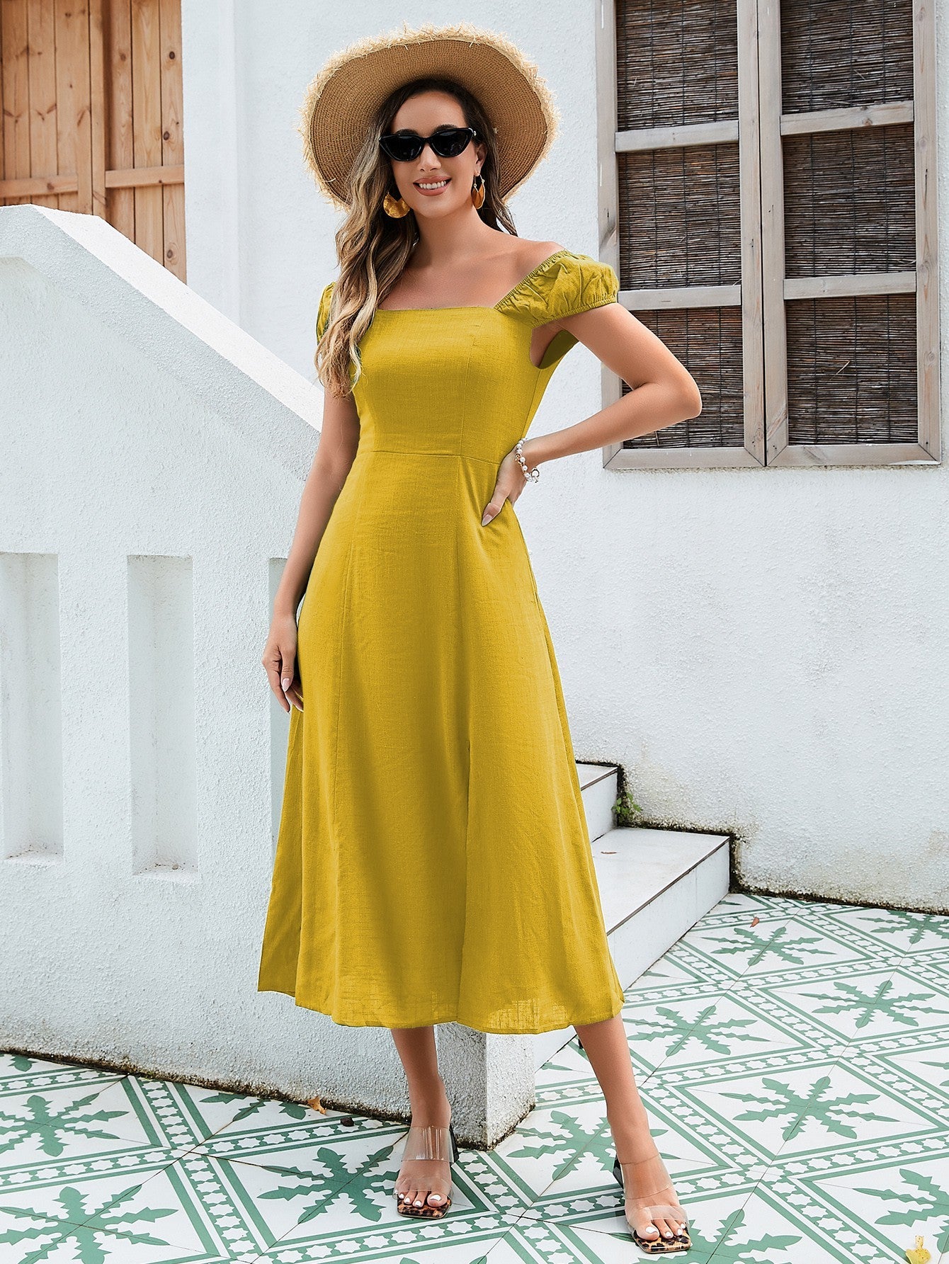 Women's Linen-Cotton Midi Dress - Versatile Off-Shoulder Design With Adjustable Tie-Back And Split Hem In Yellow, Green, And Orange - Steellady