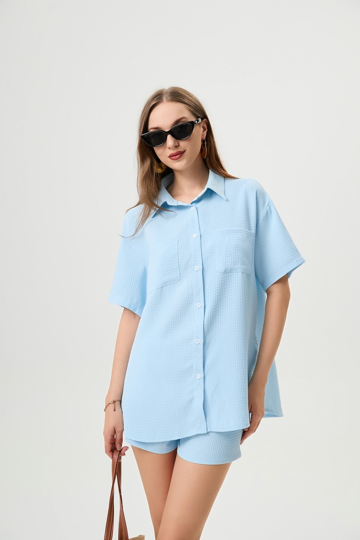 Casual Two-Piece Set For Women - Waffle Textured Fabric Shirt And Shorts With Side Slits, Versatile Ice Blue Summer Outfit - Steellady