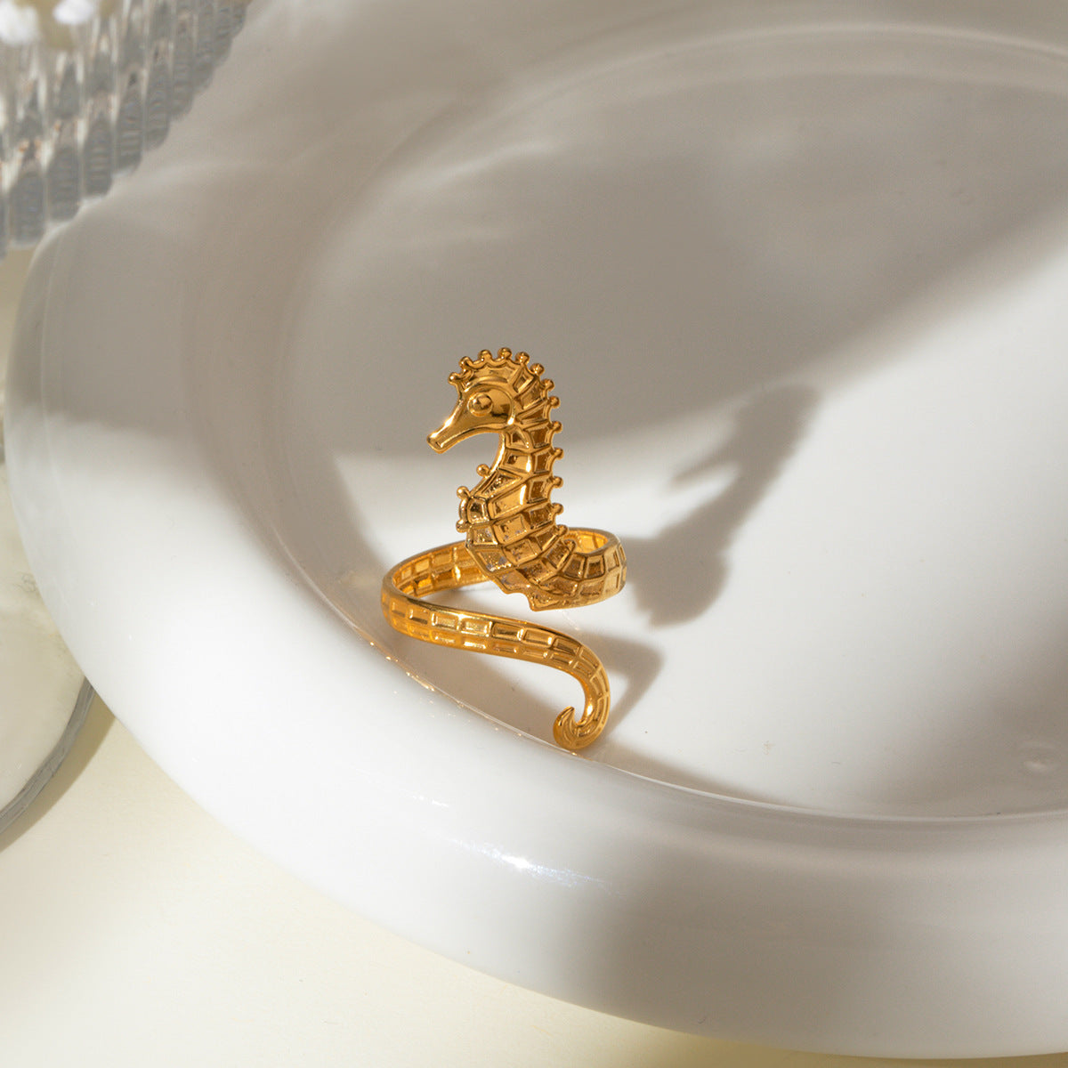 Ocean 18K Gold Stainless Steel Seahorse Opening Ring - Steellady