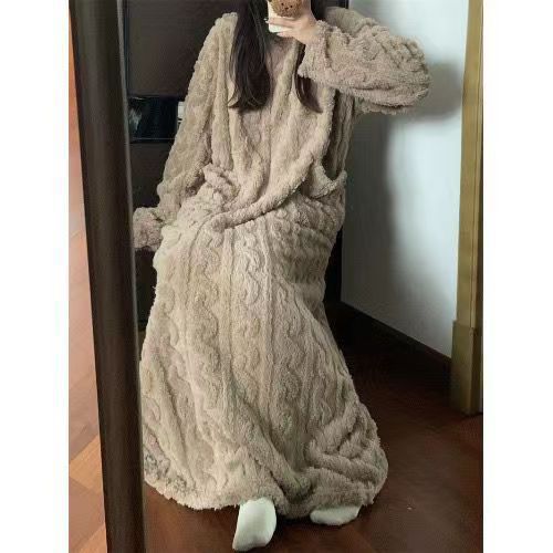 Winter Coral Fleece Sleepwear Women's Nightgown Long Night Dress Pajamas With Pockets Thickened Jacquard Dress Warm Home Clothes - Steellady