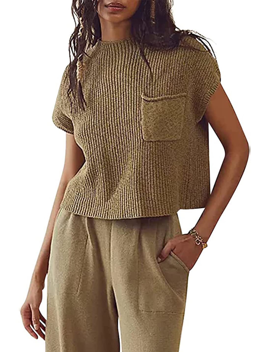 Women's Knitted Sleeveless Pocket Casual Rib Pullover Vest - Steellady