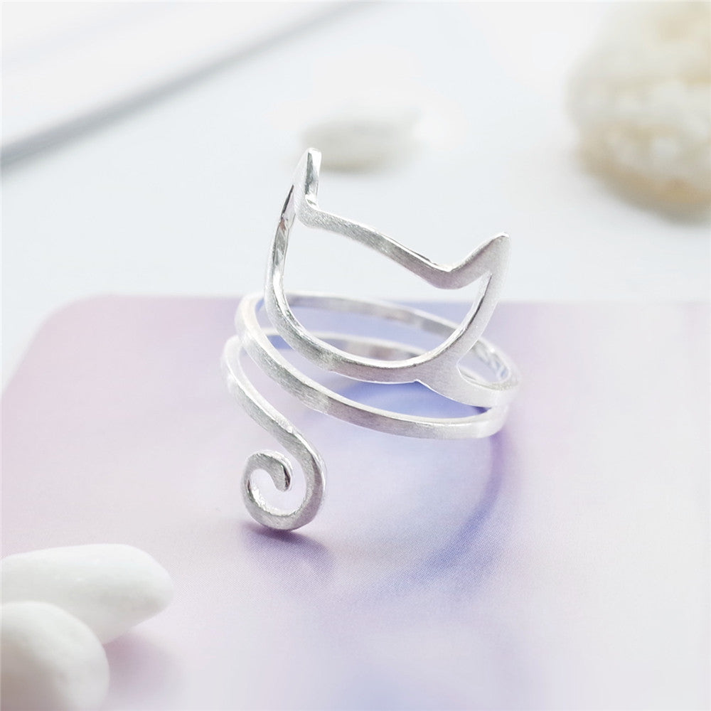 S925 Silver Personalized Winding Brushed Cute Cat Ring - Steellady