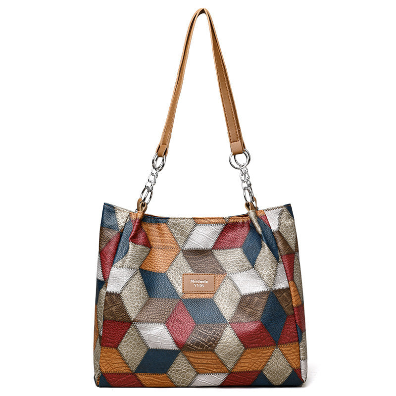 Retro Geometric Pattern Color-matching Shoulder Bag Fashion Large Capacity Stitching Handbag For Women Totes - Steellady