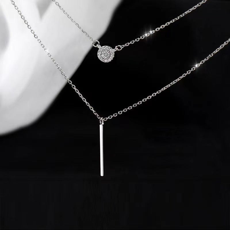 S925 Silver Color Double Chain Long Stick Micro Pave Zircon Round Pendant Necklaces For Women Trendy Jewelry - Steellady