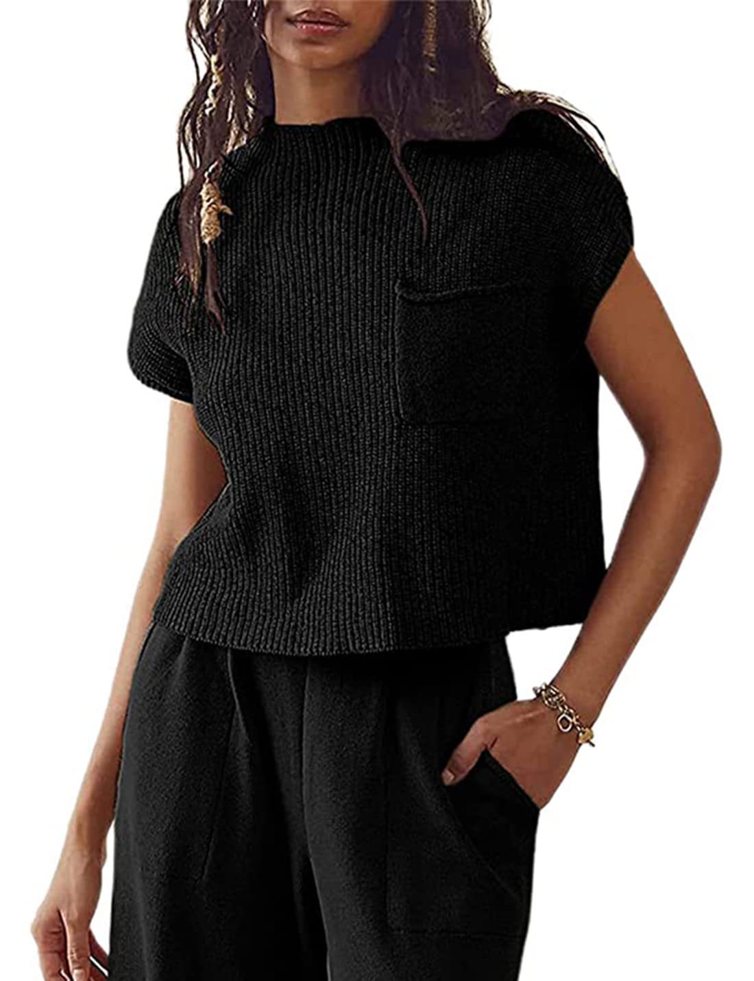 Women's Knitted Sleeveless Pocket Casual Rib Pullover Vest - Steellady