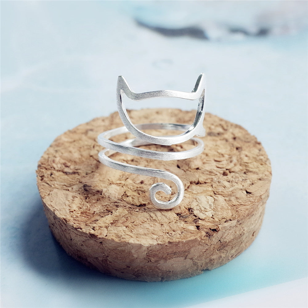 S925 Silver Personalized Winding Brushed Cute Cat Ring - Steellady