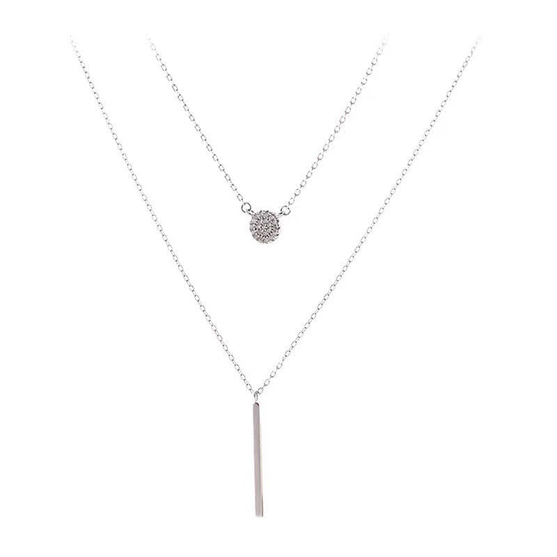 S925 Silver Color Double Chain Long Stick Micro Pave Zircon Round Pendant Necklaces For Women Trendy Jewelry - Steellady