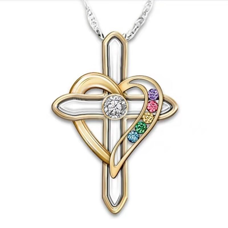 Cross Love Colorful Imitatio Gemstone Pendant Alloy Clavicle Chain - Steellady