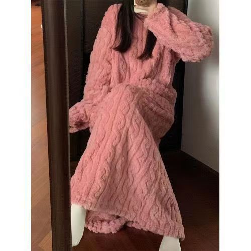 Winter Coral Fleece Sleepwear Women's Nightgown Long Night Dress Pajamas With Pockets Thickened Jacquard Dress Warm Home Clothes - Steellady