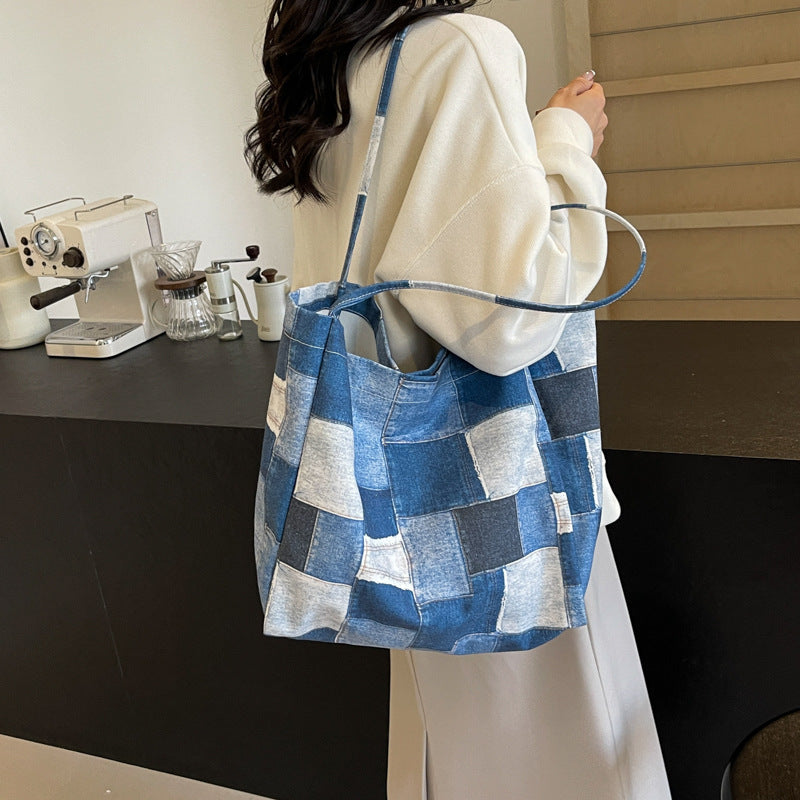 Women's Large Capacity Denim Color-contrast Check Idle Style Shoulder Commute Leisure Handbag Versatile Tote Bag - Steellady