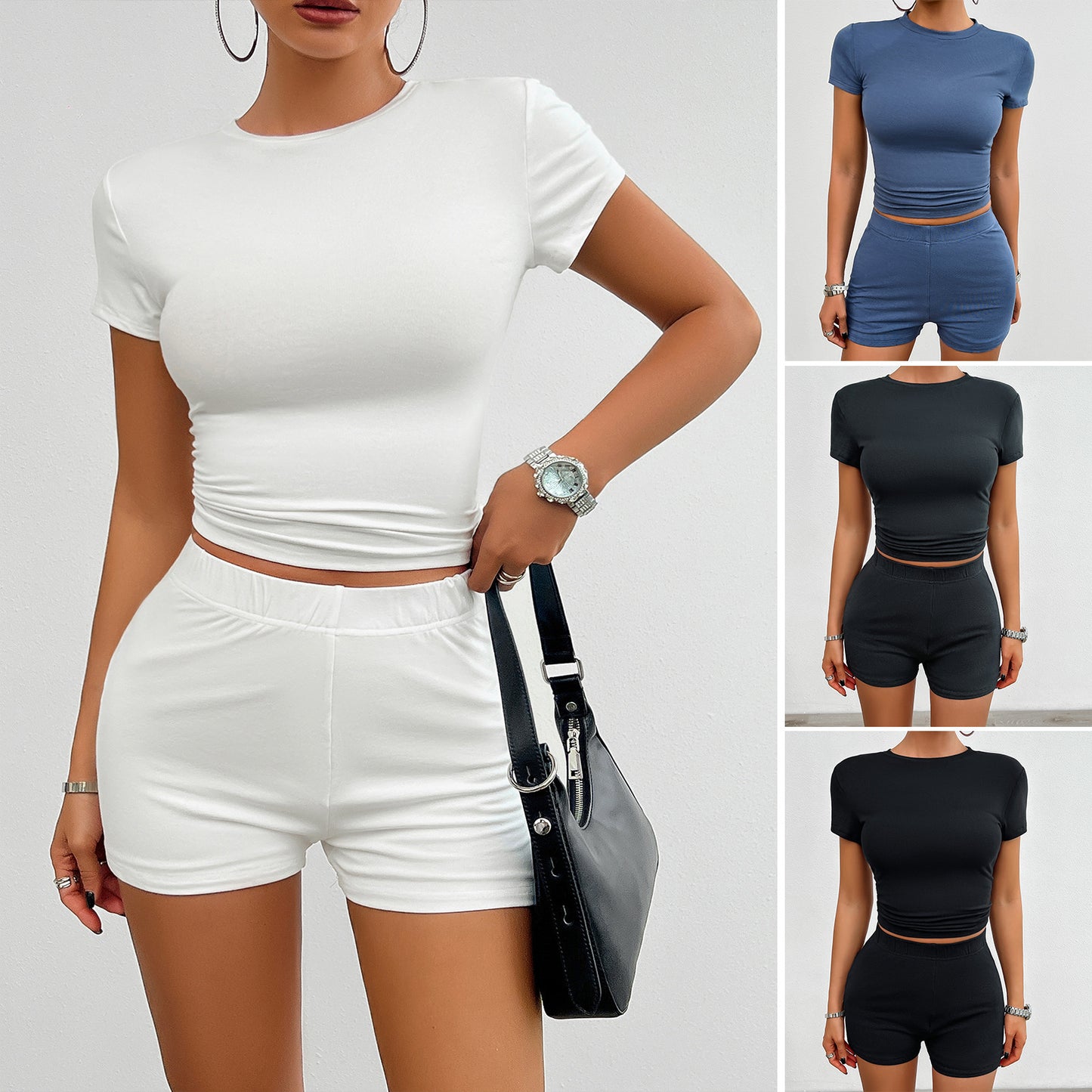 Solid Color Slim Sports Suit Summer 2Pcs Short-sleeved Round Neck T-shirt And Elastic Shorts Fashion Womens Clothing - Steellady