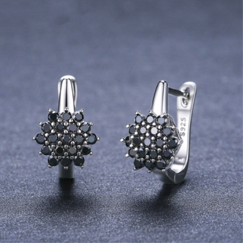 Korean Style Simple Copper Vintage Black Zircon Flower Stud Earrings - Steellady