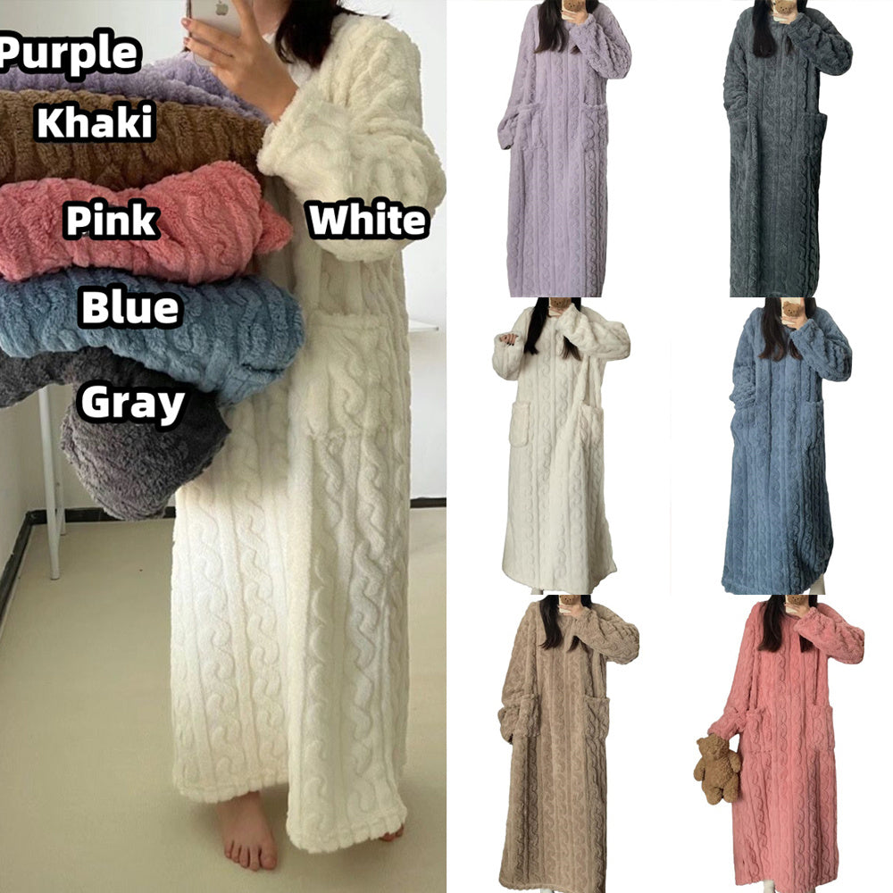 Winter Coral Fleece Sleepwear Women's Nightgown Long Night Dress Pajamas With Pockets Thickened Jacquard Dress Warm Home Clothes - Steellady