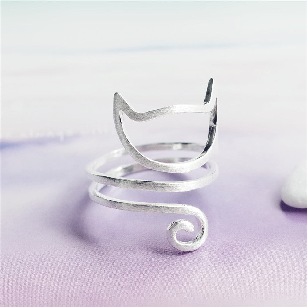 S925 Silver Personalized Winding Brushed Cute Cat Ring - Steellady