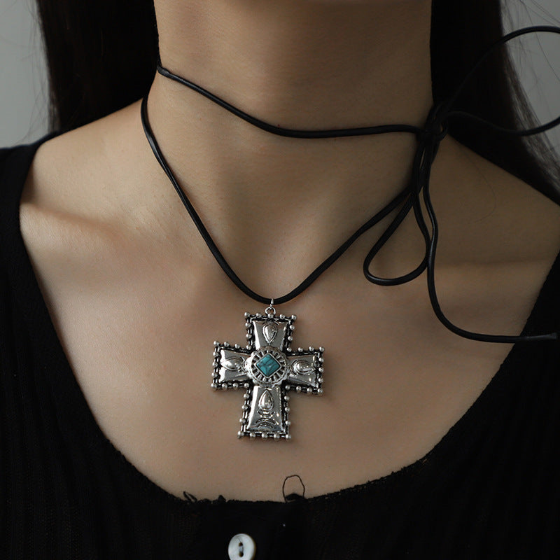 Personalized Turquoise Wax Rope Necklace Embossed Vintage Cross - Steellady