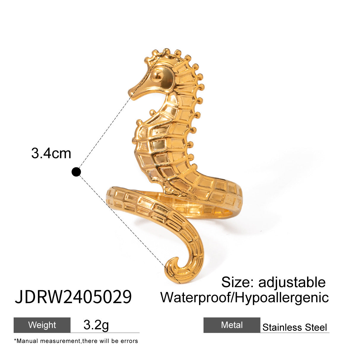 Ocean 18K Gold Stainless Steel Seahorse Opening Ring - Steellady