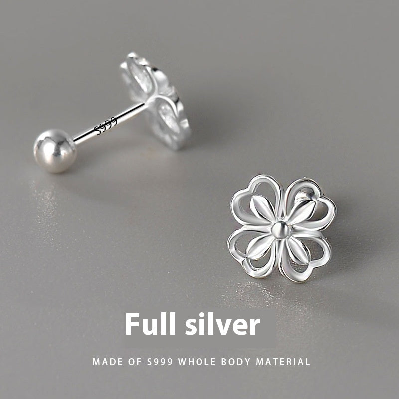 S999 Sterling Silver Sweet Flowers Cute Screw Ear Bone Stud Earrings Full Body Silver Female - Steellady