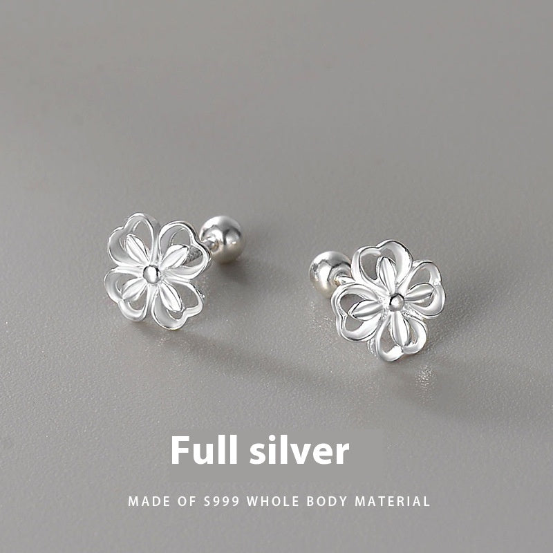 S999 Sterling Silver Sweet Flowers Cute Screw Ear Bone Stud Earrings Full Body Silver Female - Steellady