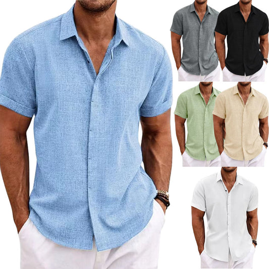 Men's Solid Color Loose Linen Short-sleeved T-shirt - Steellady