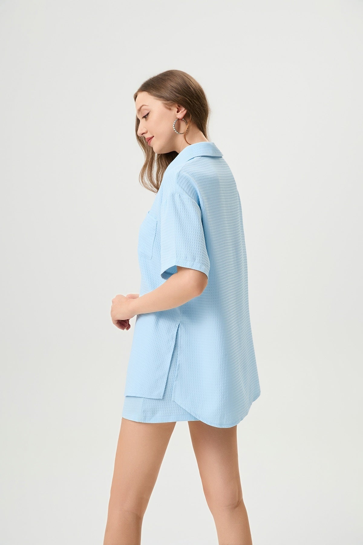 Casual Two-Piece Set For Women - Waffle Textured Fabric Shirt And Shorts With Side Slits, Versatile Ice Blue Summer Outfit - Steellady